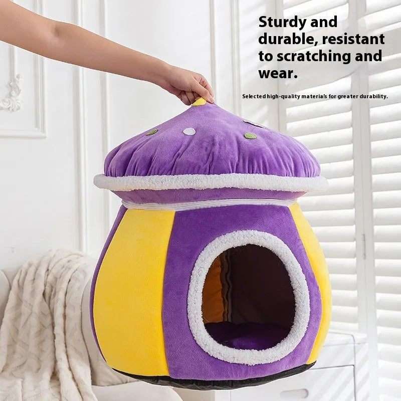 Grey mushroom-shaped cat bed with soft plush interior, shown with a cat inside.