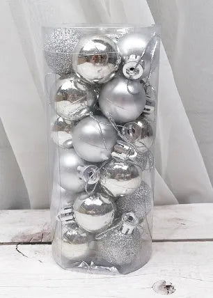 Small 3cm diameter shiny matte plastic Christmas bauble in assorted colours including gold, red, silver, and blue.