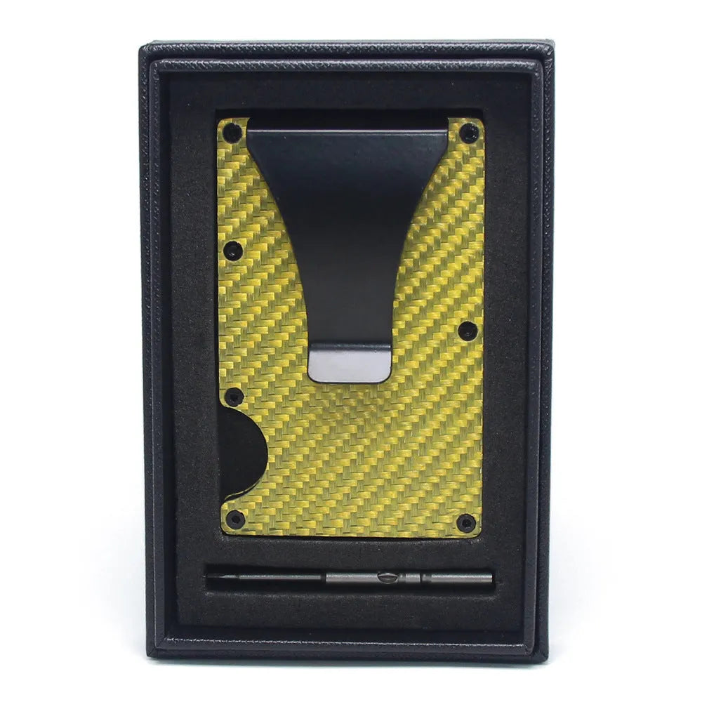 Slim geometry card holder wallet in carbon fibre or aluminium, holds six to fifteen cards, 8mm thick