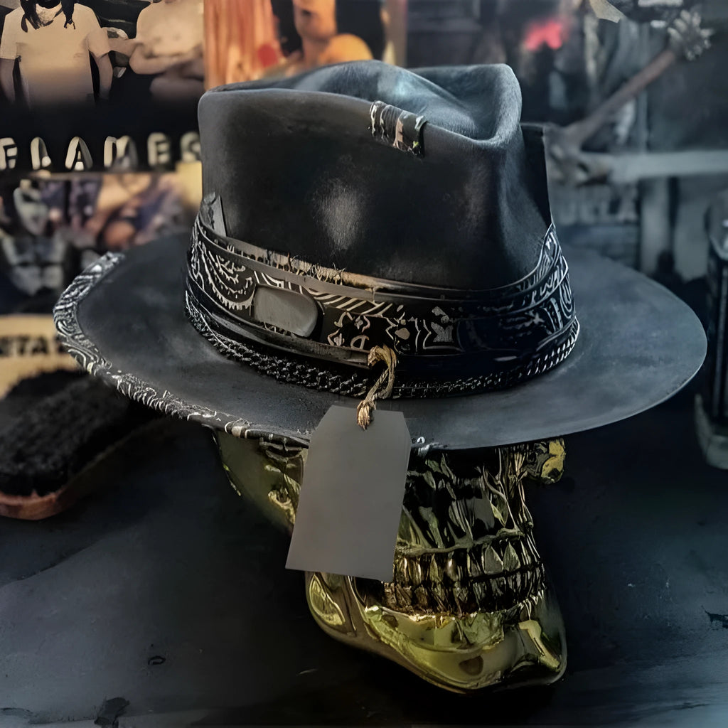 Handmade wool felt denim Halloween skull hat with conical crown in skull design