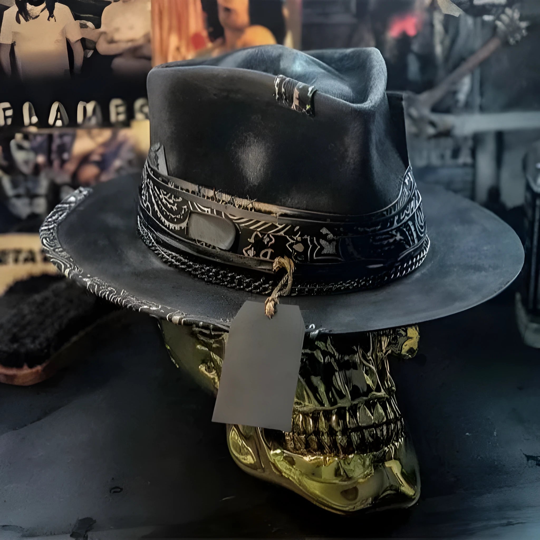 Handmade wool felt denim Halloween skull hat with conical crown in skull design