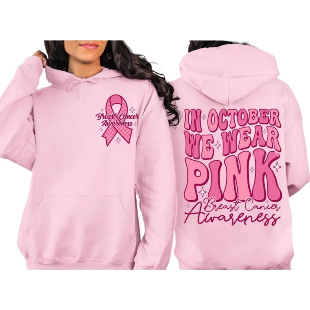 Breast Cancer Awareness hoodie sweatshirt with retro art pattern and side seam pocket