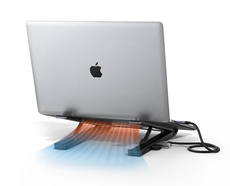 Aluminum alloy folding laptop cooling rack with built-in 5-in-1 hub featuring HDMI, USB3.0x2, Type-C, and card reader