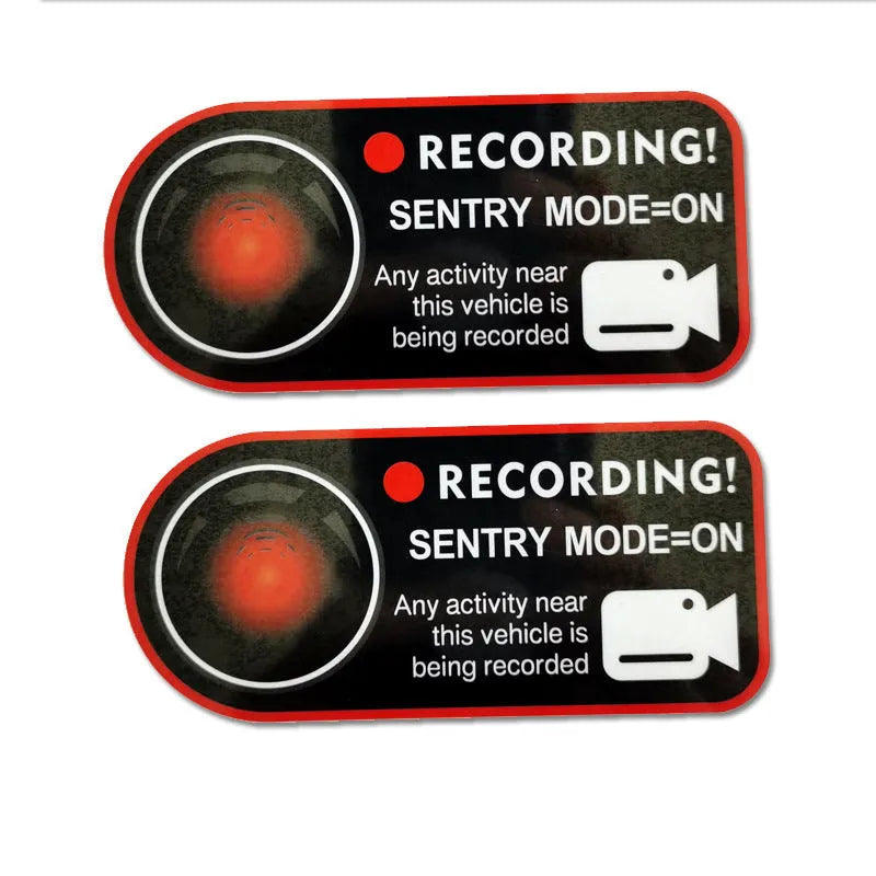 Tesla Sentry Mode warning stickers measuring 11x5 cm with electrostatic adhesive backing