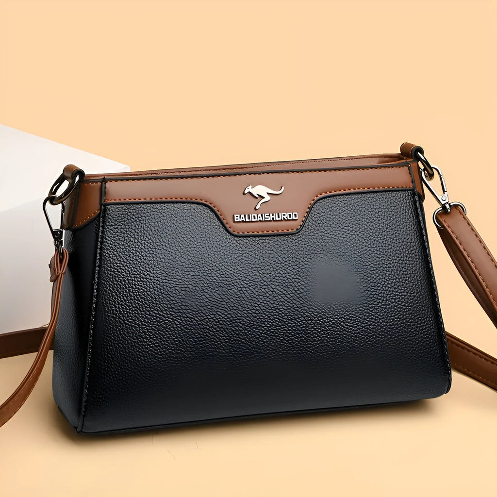 Soft PU one shoulder cross-body bag with contrast colour stitching, black colour option, horizontal square shape