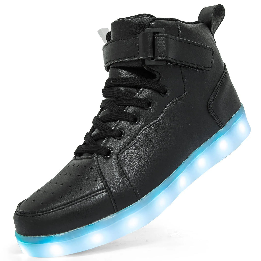 Adult unisex black LED high-top shoes with velcro strap and glowing sole lights.