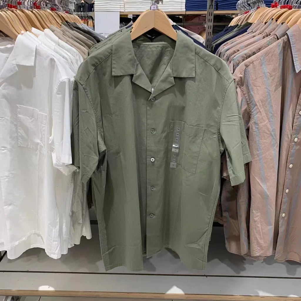 Men's beige modal cotton open collar casual shirt with cardigan style