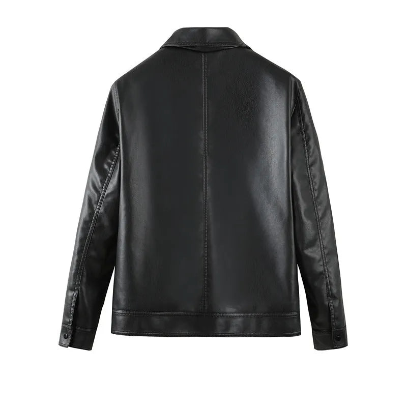 Men's black PU leather casual jacket with zip-up front and zipper pockets.