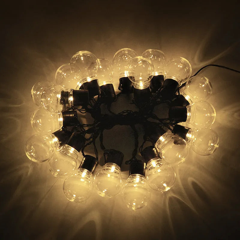 10 metre solar powered decorative light string with 40 LED bulbs on black wire