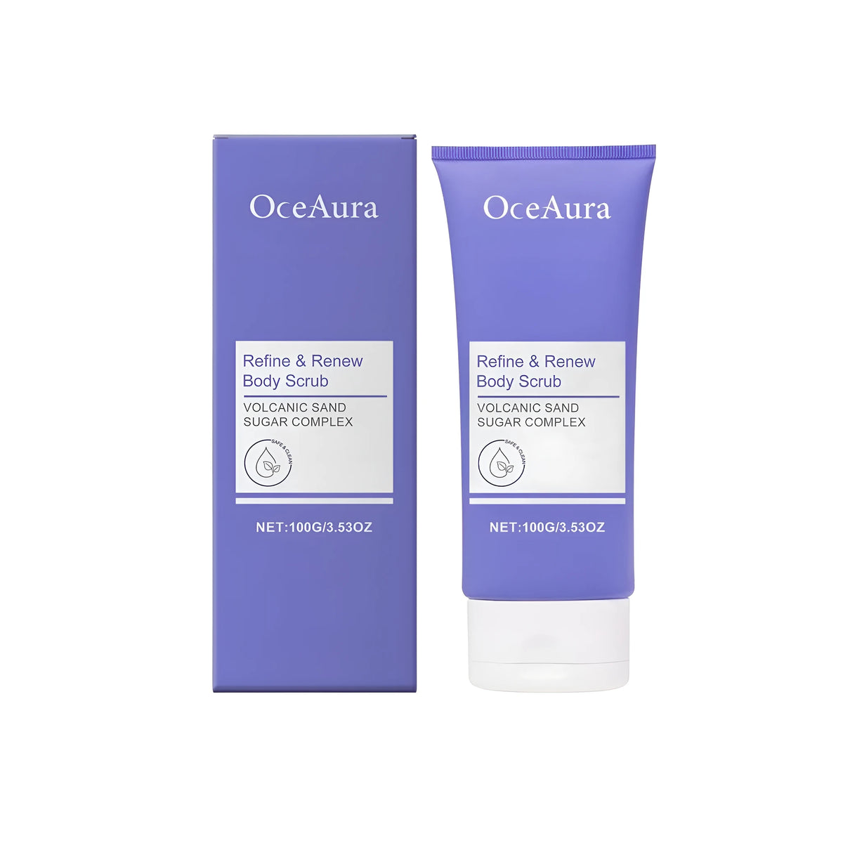100g tube of Refine Renew Body Scrub cream with walnut shell and volcanic ash.