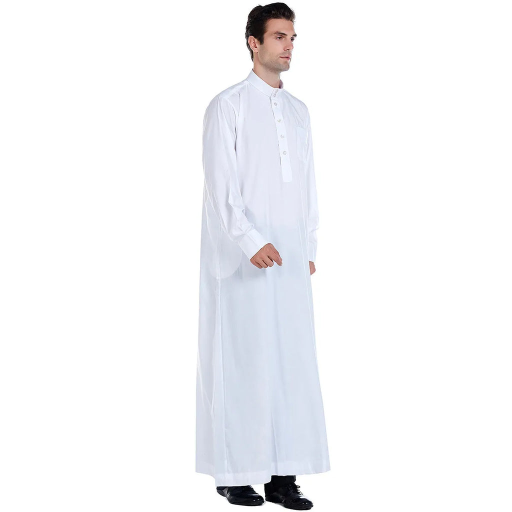 Traditional Arab Middle Eastern men's robe in white polyester, woven fabric, with full-length design