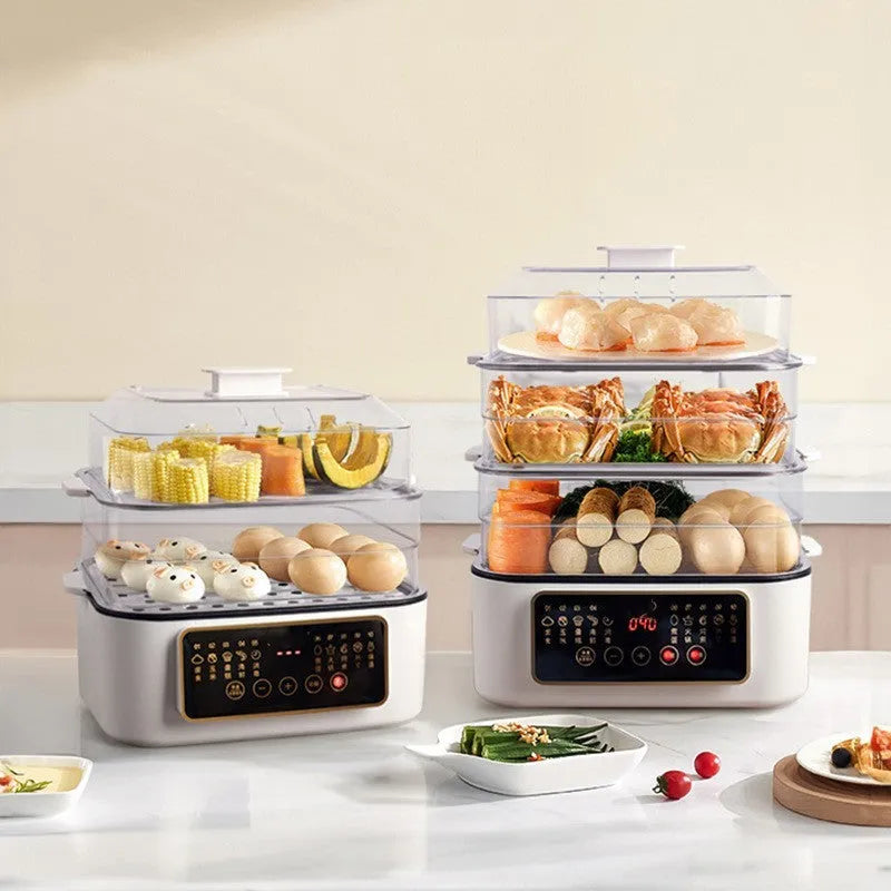 28-litre electric steamer with stainless steel rack and automatic measuring function