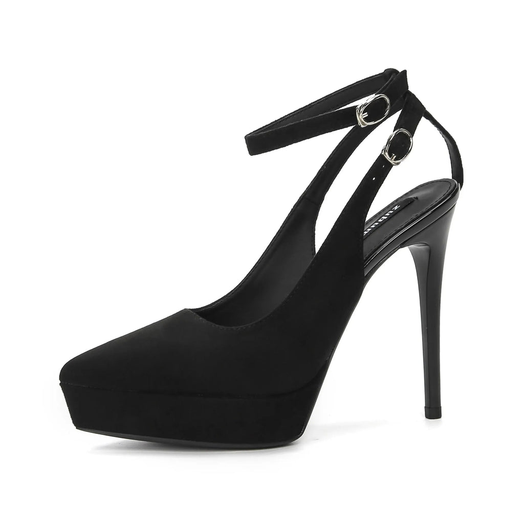 Black waterproof platform stiletto heels with pointed toe, suede or satin finish, 8cm to 12cm heel