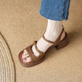 Women's open toe square toe retro platform sandals in brown colour showing PU upper and rubber sole construction