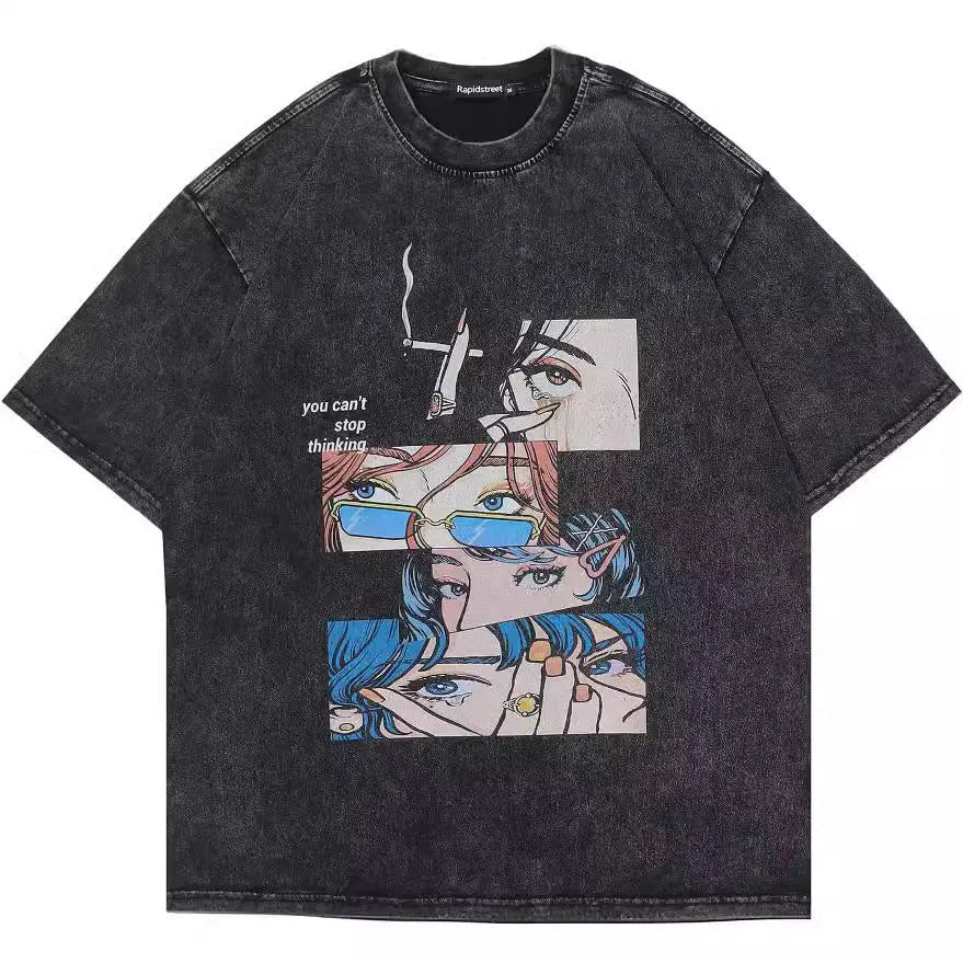 Men's loose fit cotton t-shirt with retro cartoon print in streetwear style