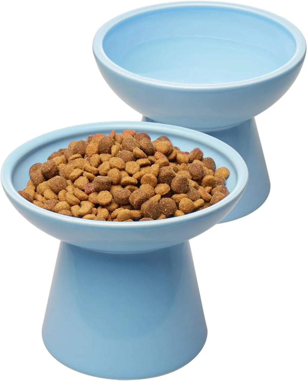 Blue ceramic elevated cat food bowl with wide shallow dish on a white surface.