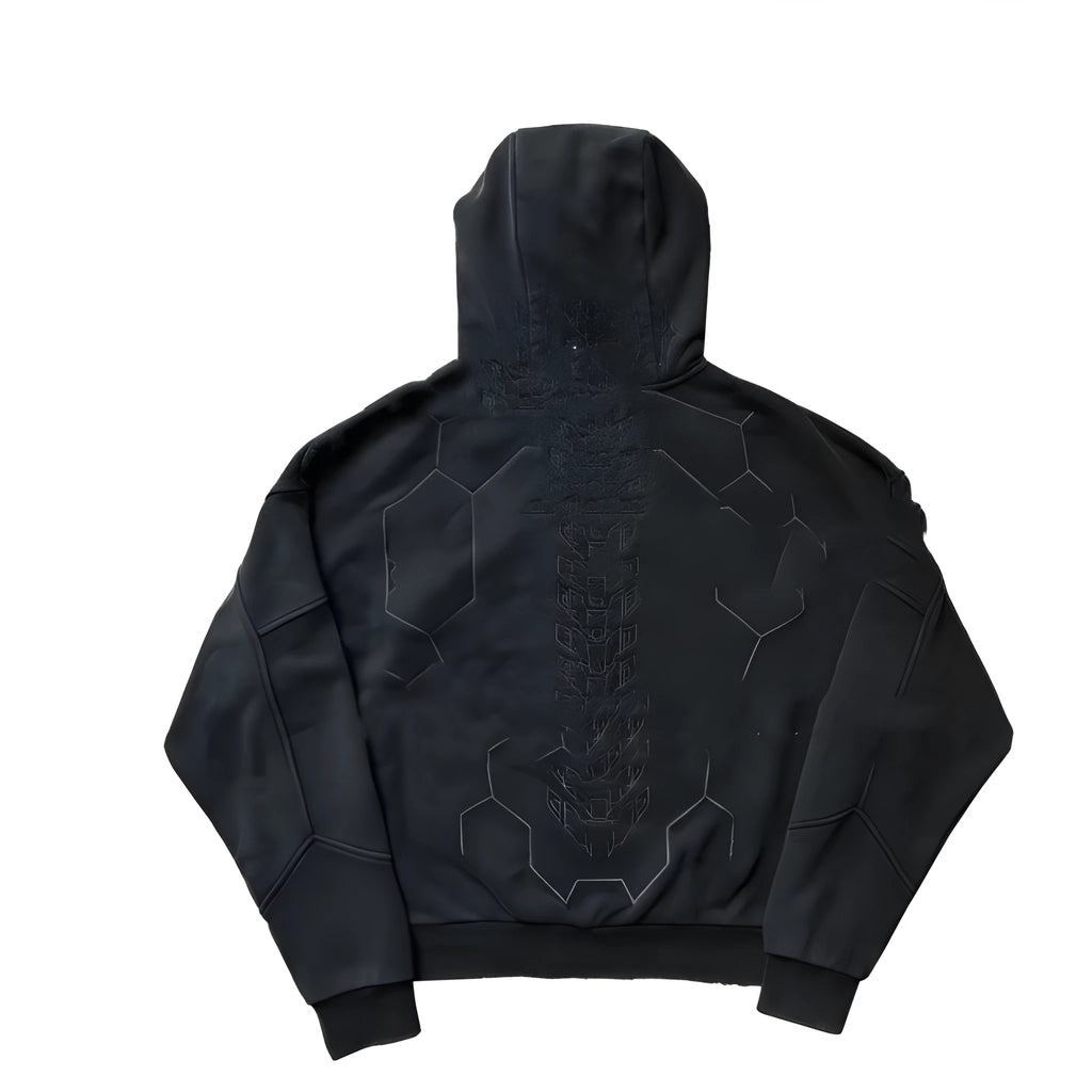 Fashion printed long sleeve sports and leisure sweater in black, loose fit, with dimensional patch pocket for men and teenagers