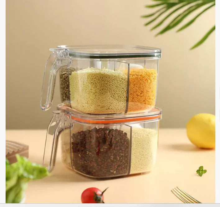 Five-in-one plastic seasoning container box in orange on a kitchen countertop