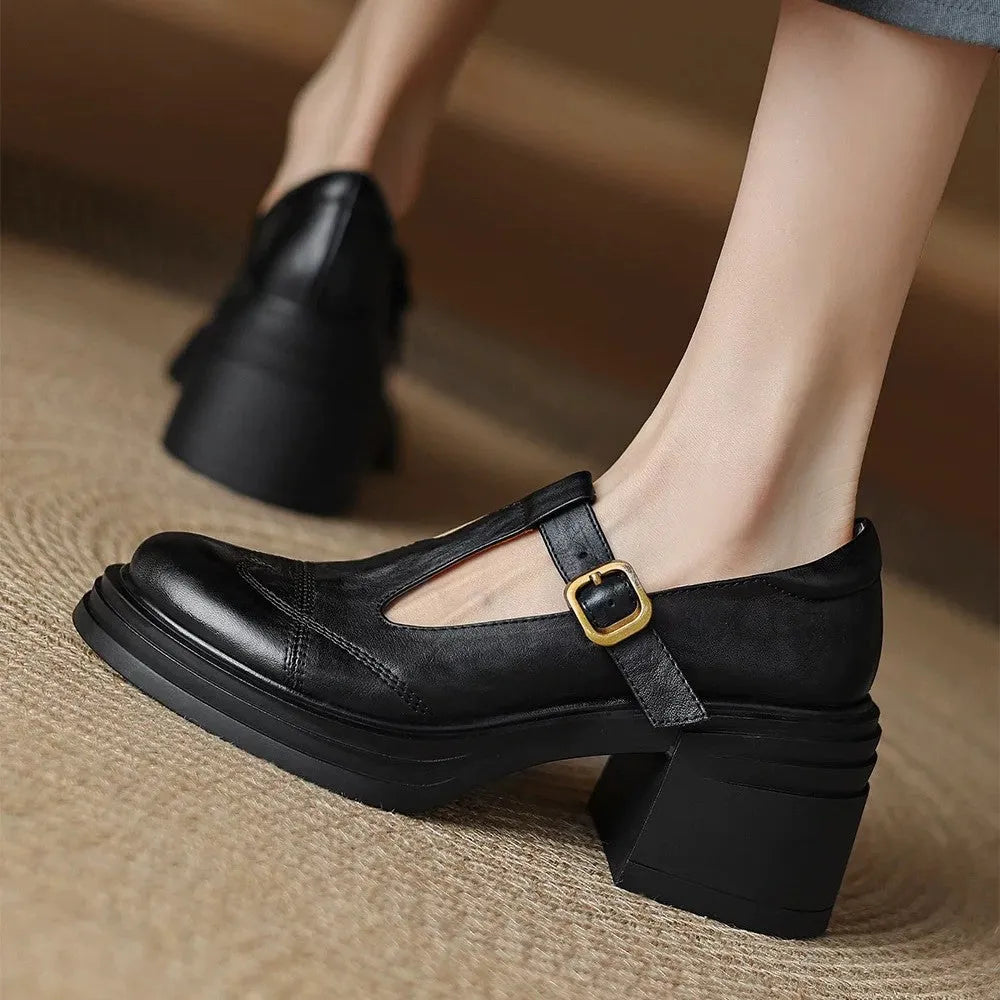 Soft leather Mary Jane pumps with chunky heel and belt decoration in black and brown, round toe, sizes 34-40