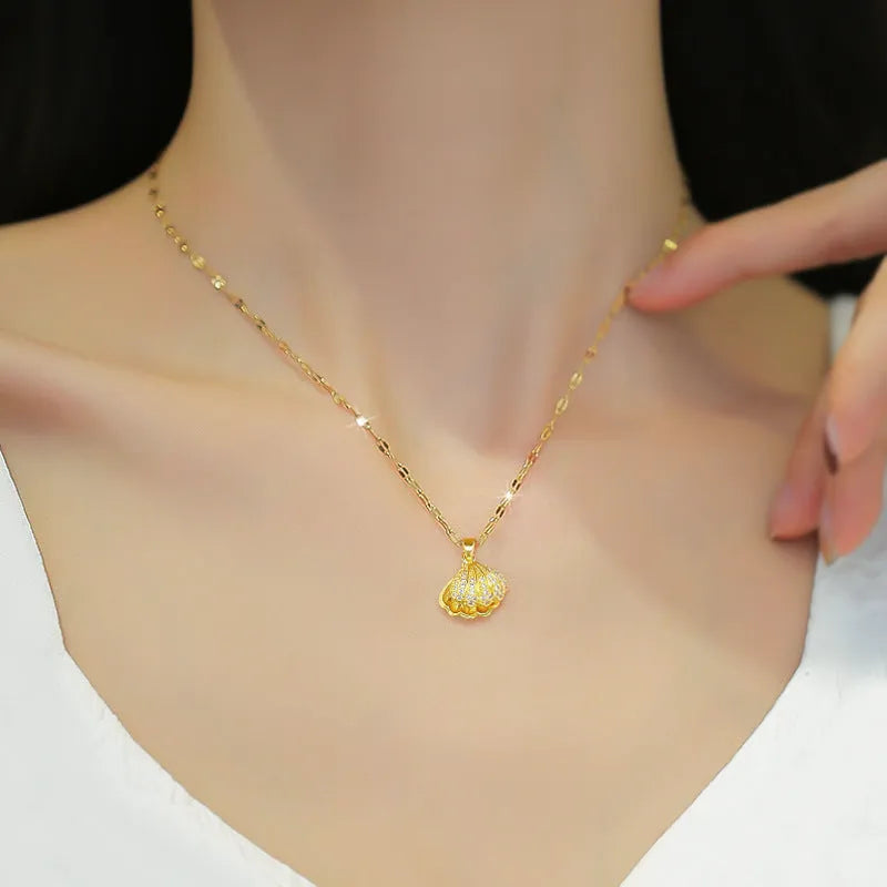 Shell pearl necklace with rhinestones on a titanium steel melon seeds chain, adjustable 41-50cm, for women