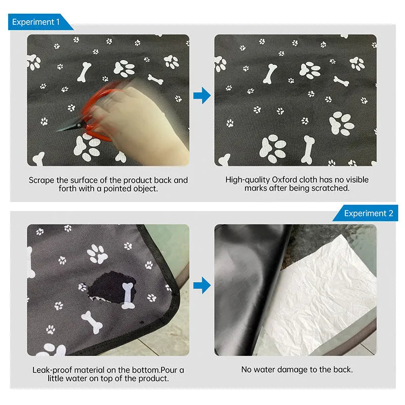 Water resistant cloth car pet mat for the rear seat, shown in a grey dog footprint print design.