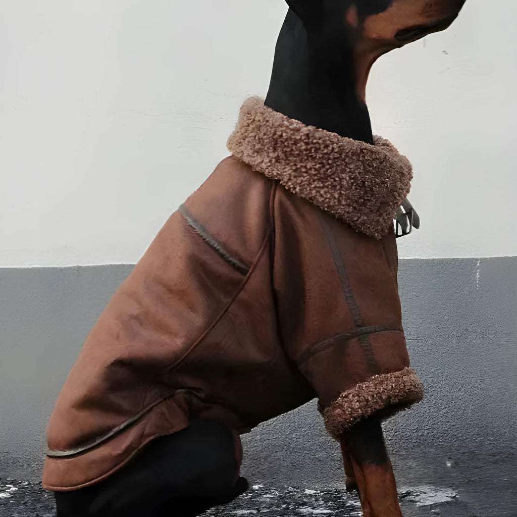 Winter plus velvet pet lapel leather coat for big dogs with denim fleece collar in 4XL