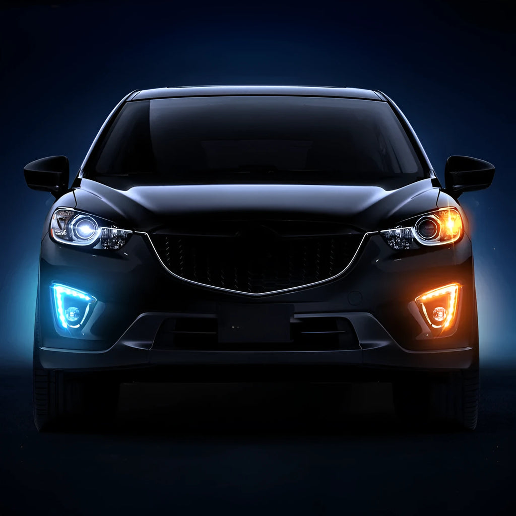 Pair of electroplated LED daytime running lights for Mazda CX-5 on 12V.