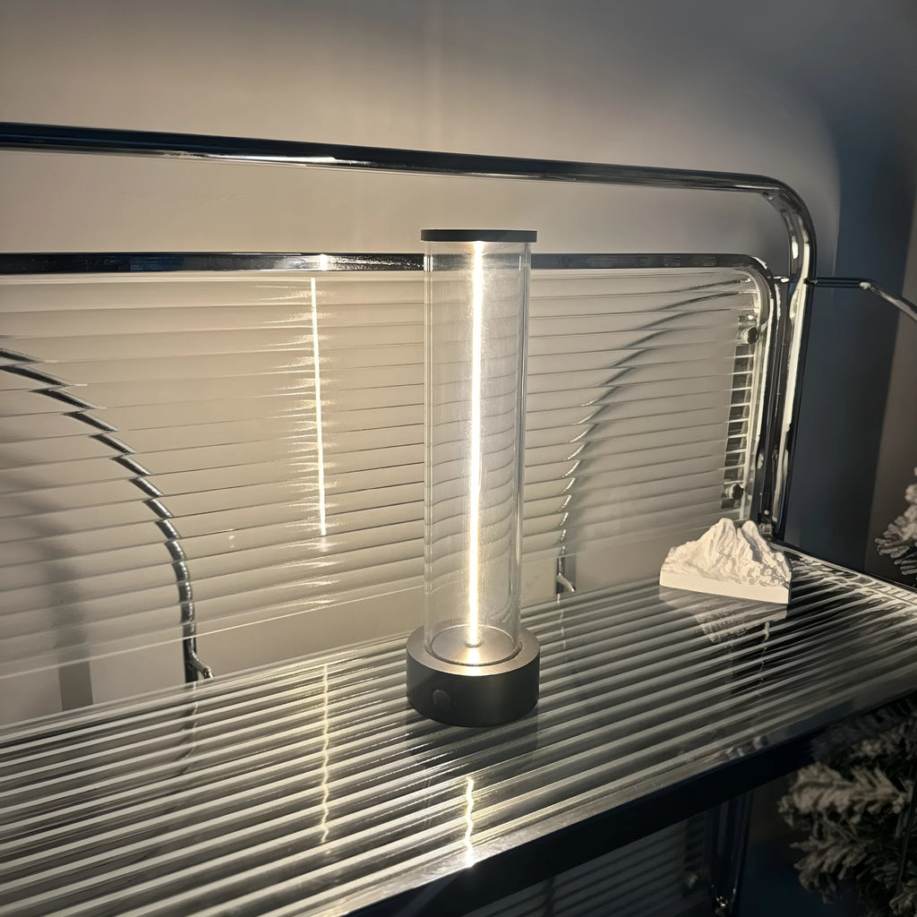 Modern glass USB rechargeable LED night light with magnetic base, dimensions 53mm by 234mm