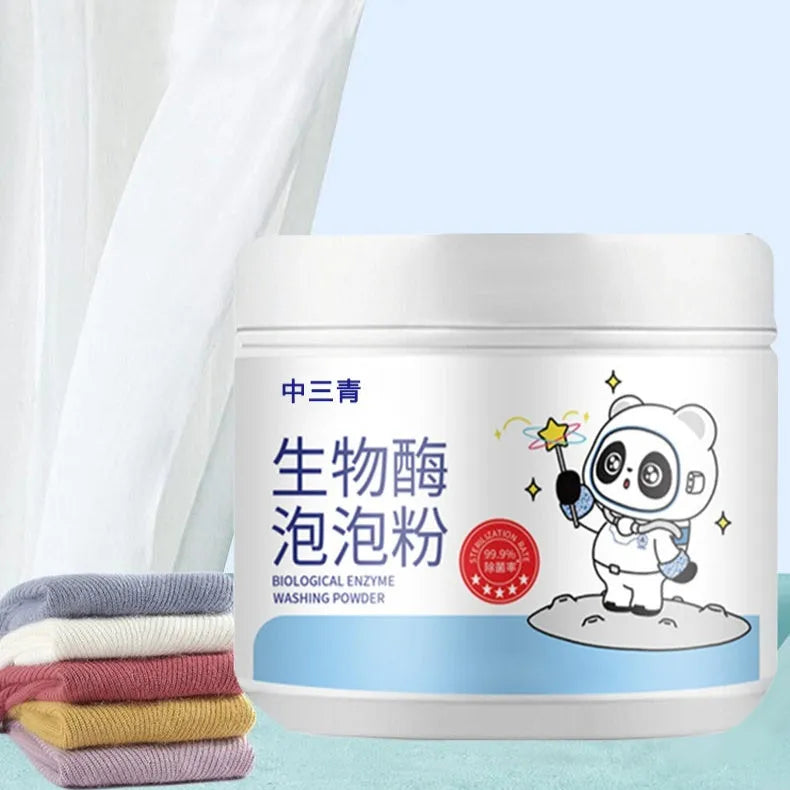 Bottle of biological enzyme bubble powder laundry detergent for stain removal and colour protection.