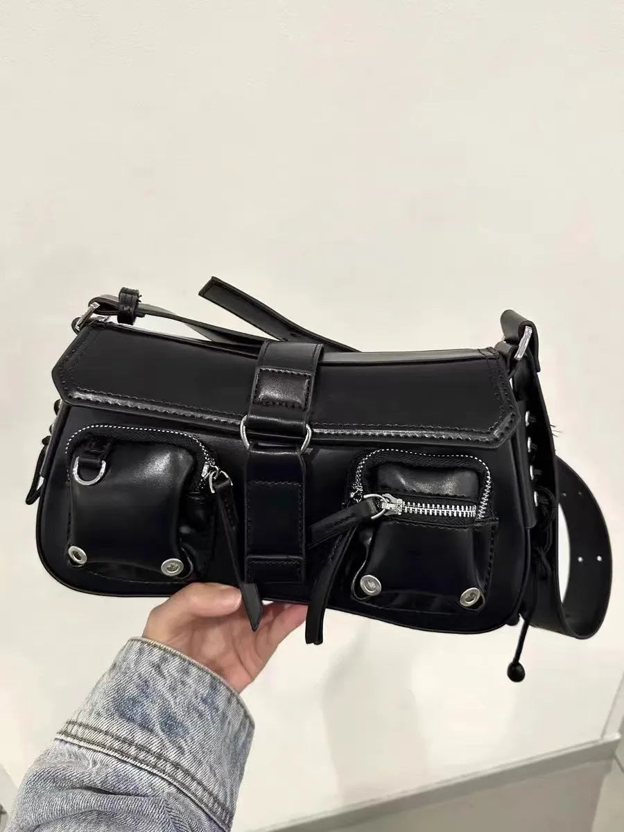 Black PU women's underarm baguette messenger bag with adjustable shoulder strap