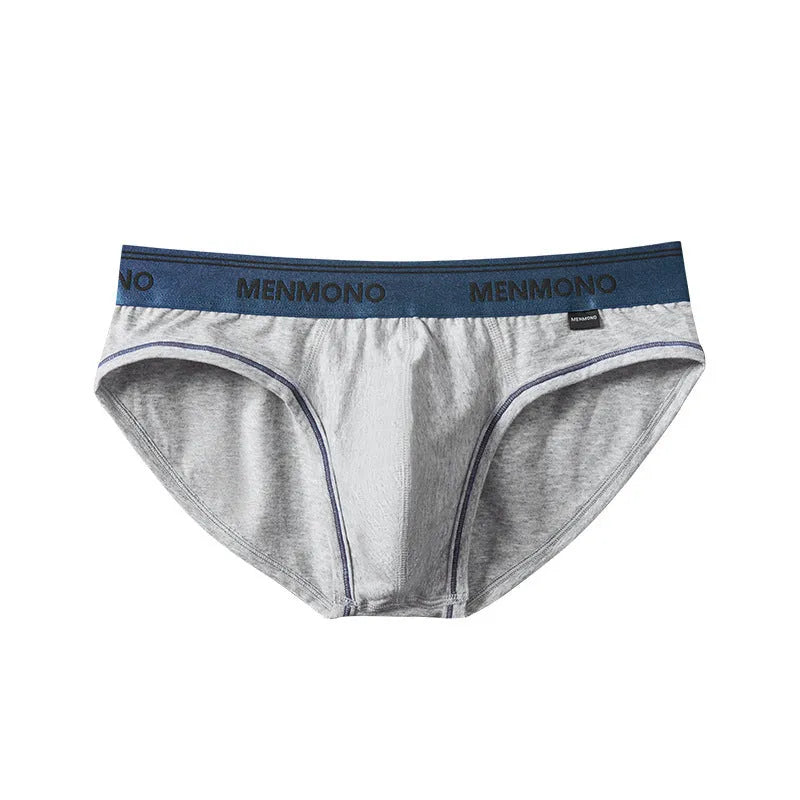 Men's low-waist cotton briefs showing colour options including white/blue, black/red, and grey/green
