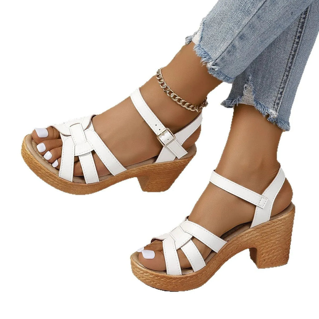 Black plus size women's Roman sandals with peep toe, chunky block heel, and ankle-strap buckle.