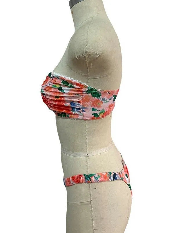 Floral print bikini set with tube top and briefs in European swimwear style