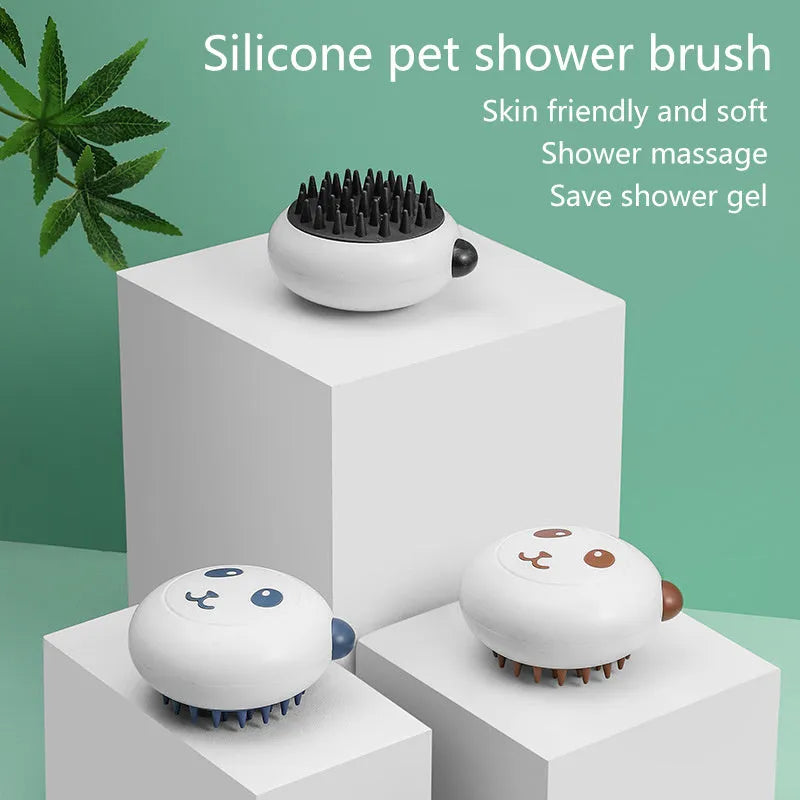 Panda-shaped silicone pet bath brush with soft bristles for cleaning cats and dogs.