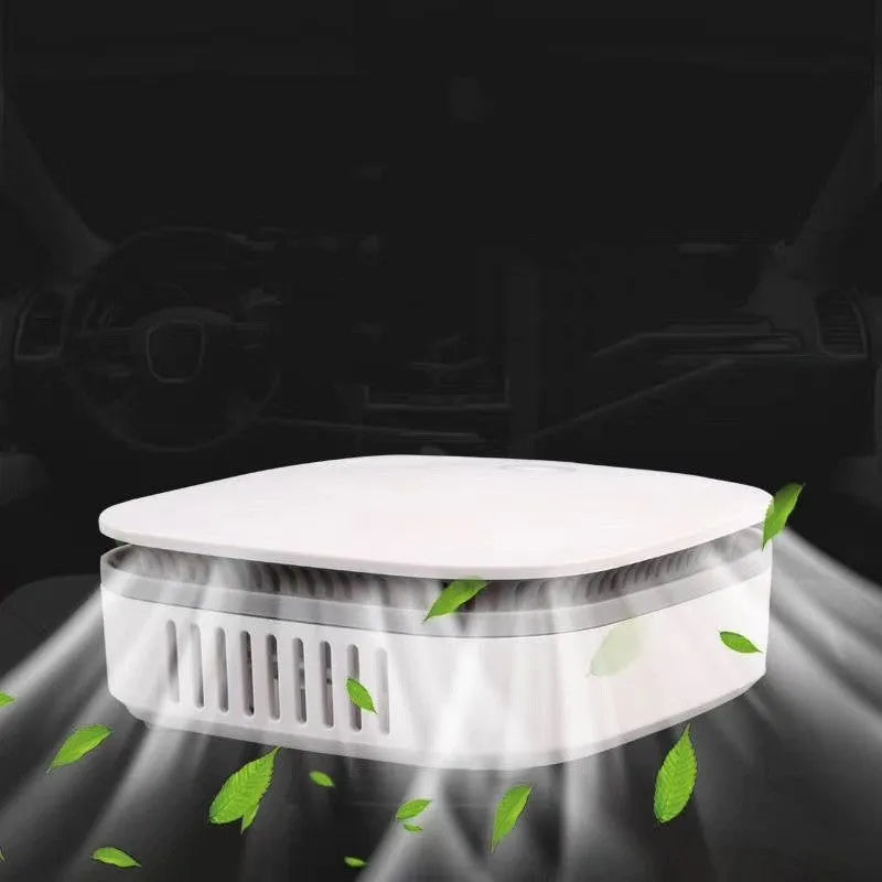 White USB-powered car air purifier with negative ion sterilisation function and composite filter