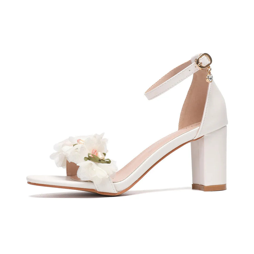 Peep toe chunky high heels with one strap and rhinestone detail, white or pink, 6-8cm heel
