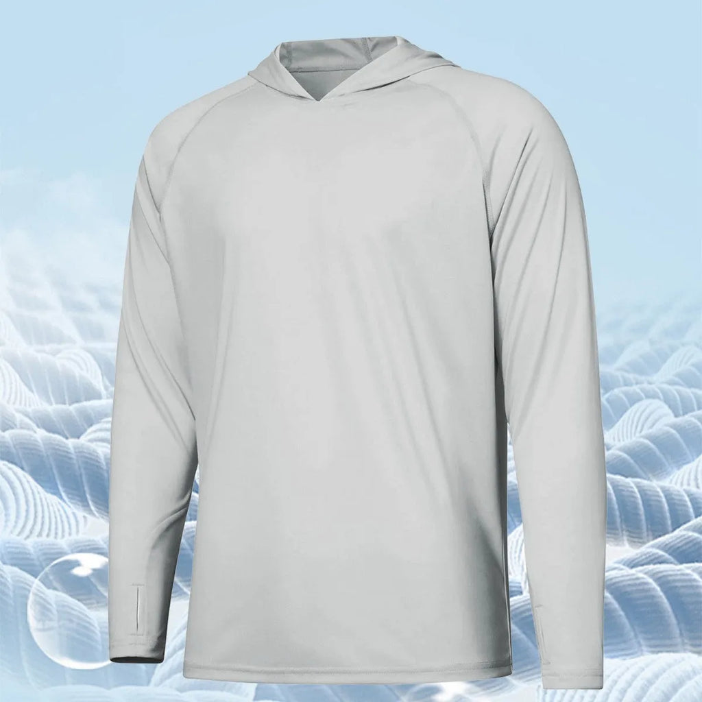 Long sleeve hooded outdoor top for UV protection during fishing and hiking, shown in a solid colour.