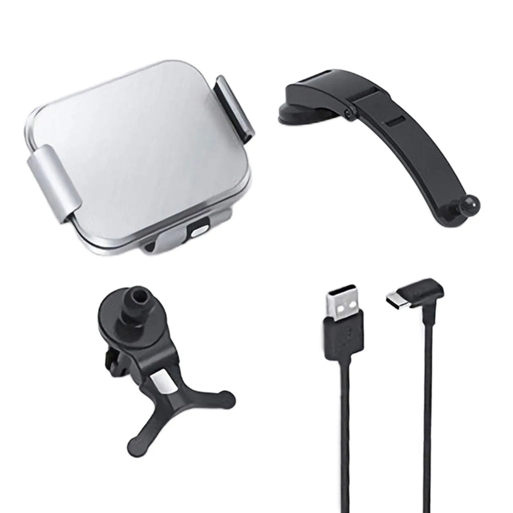 Grey wireless charging car phone holder with folding screen and multiple mounting accessories