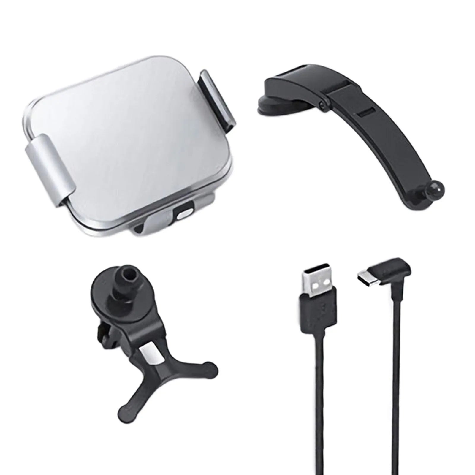 Grey wireless charging car phone holder with folding screen and multiple mounting accessories