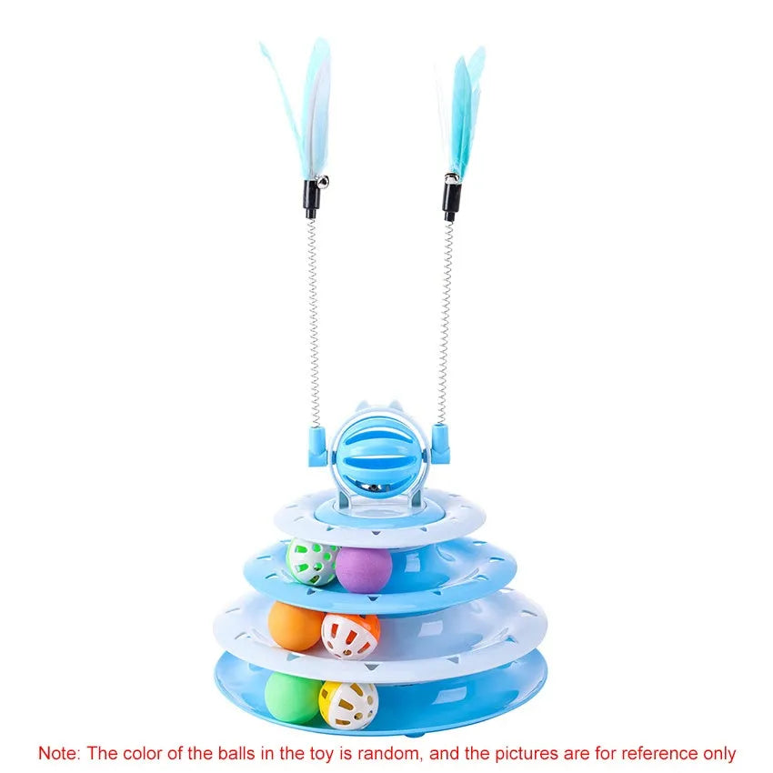 Blue 4-tier interactive cat puzzle toy with six plastic balls on circular tracks and teasing rods