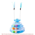 Blue 4-tier interactive cat puzzle toy with six plastic balls on circular tracks and teasing rods