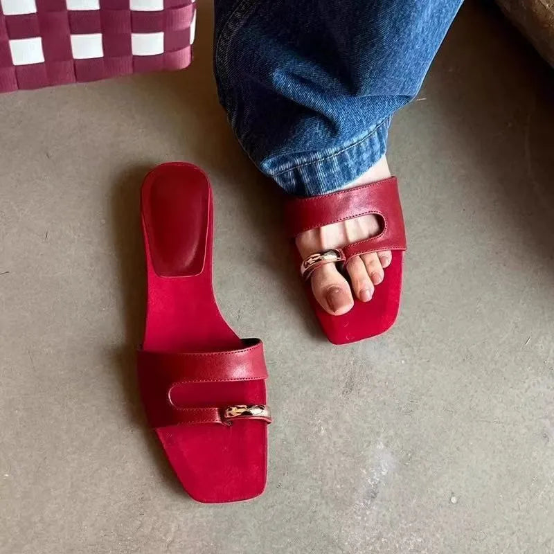 Square-toe plus size slippers in leather and rubber, shown in red, white, black, and silver colour options.