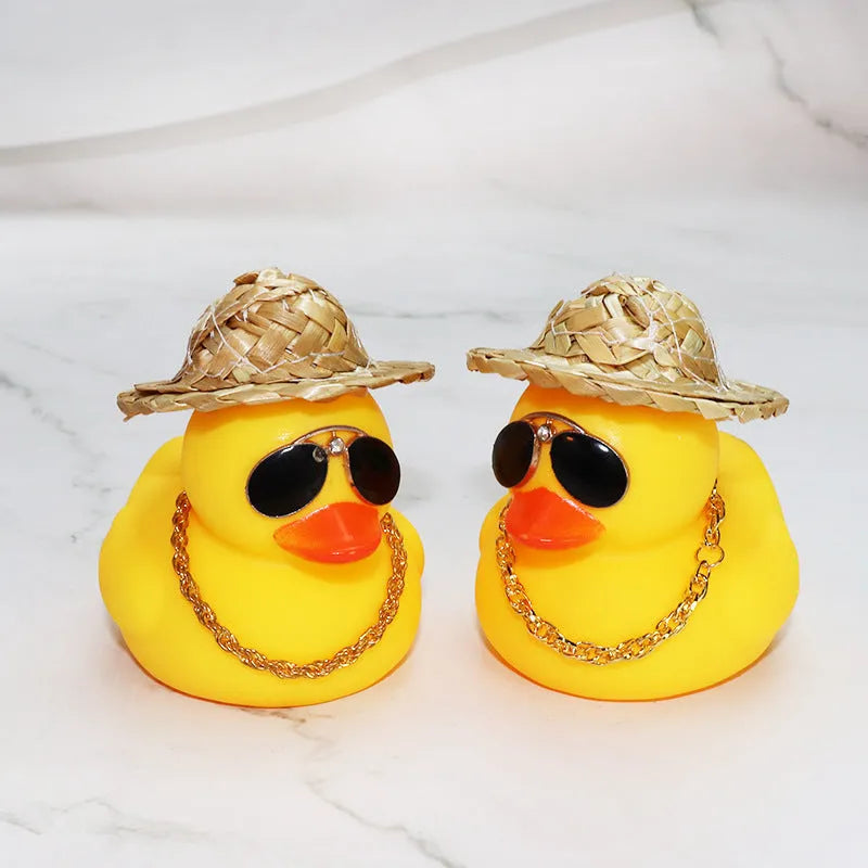 Straw hat yellow duck car dashboard ornament with removable sunglasses accessory