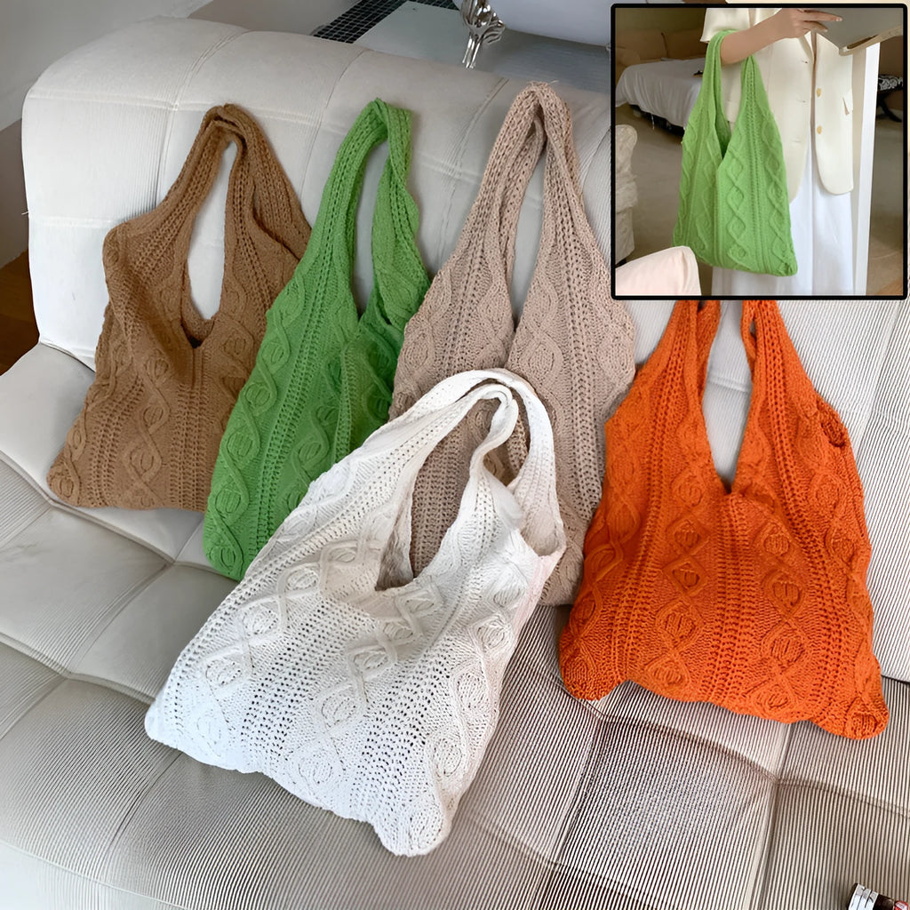 Women's retro knitted wool shoulder tote bag in a solid colour with double straps, shown with a 55cm width.