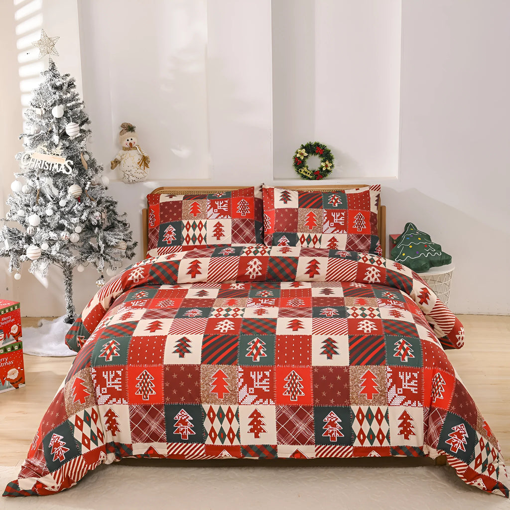 Red and white plaid Christmas pattern quilt cover and pillowcases on a bed.