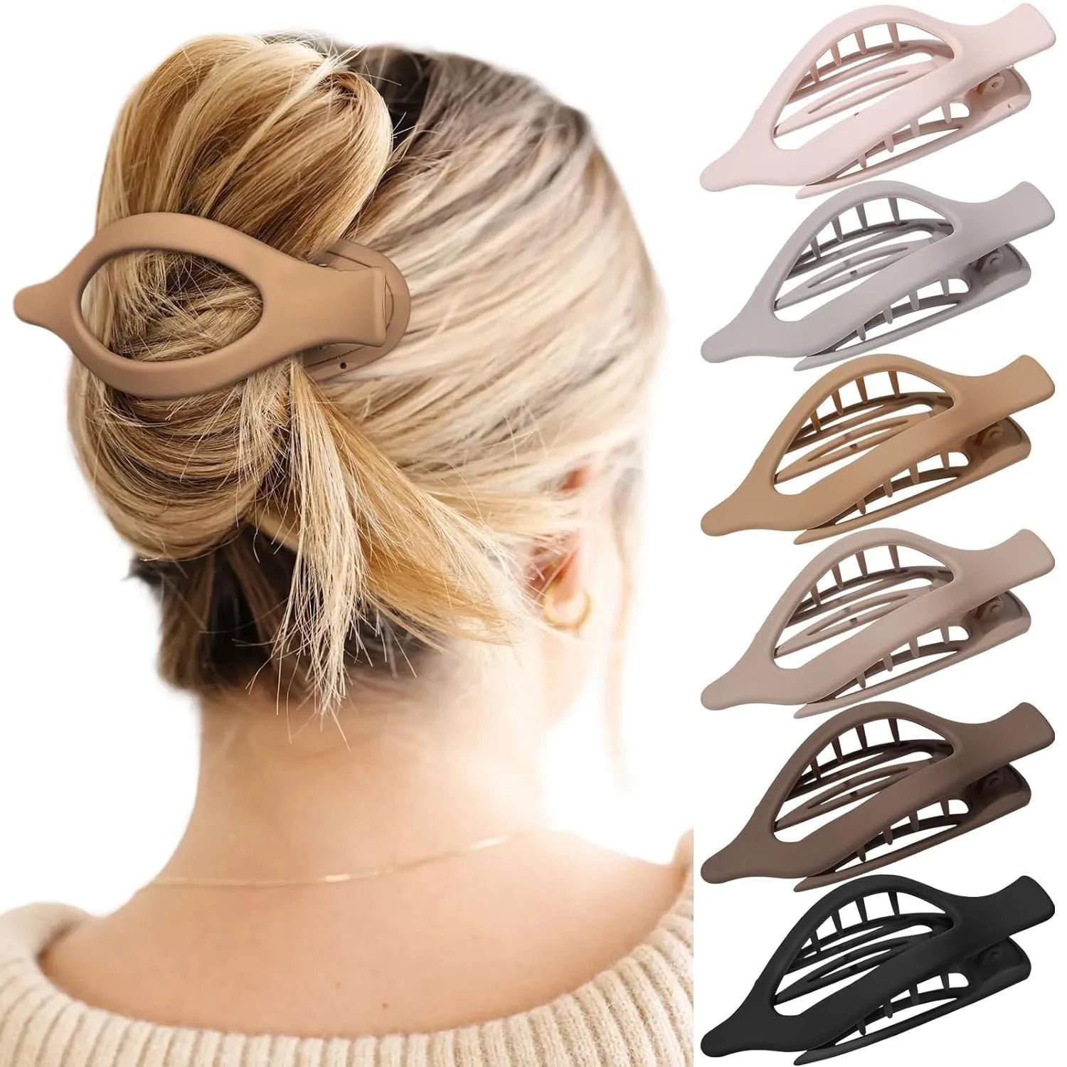 Six nude plastic hair clips with frosted finish and pointed toe quadrilateral design