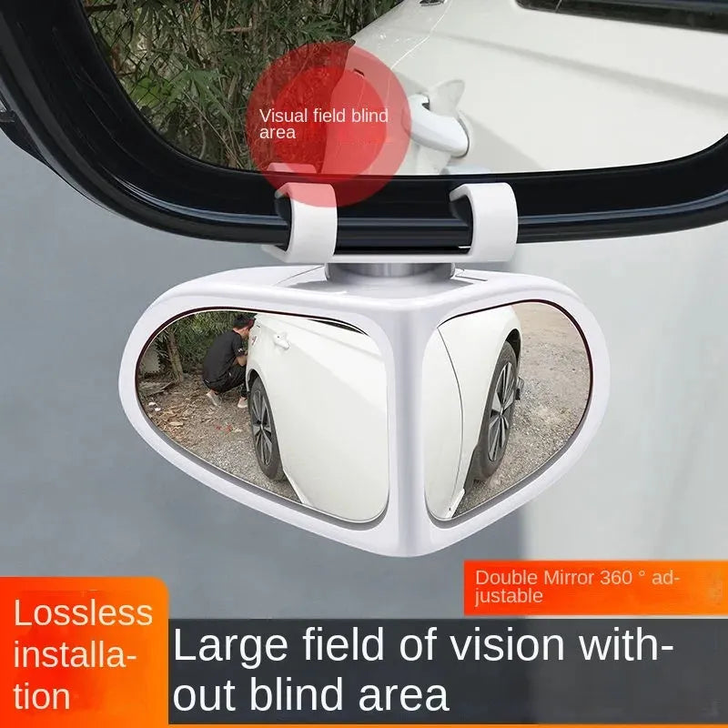 Small round wide-angle car reversing mirror with adjustable joint and adhesive backing.