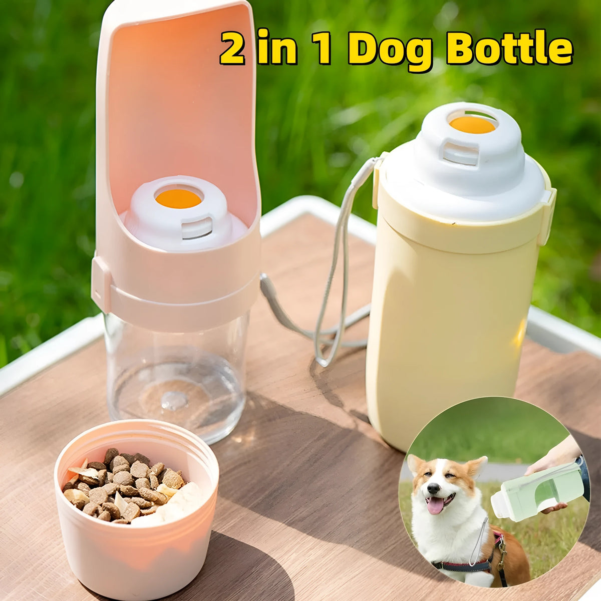 2-in-1 travel dog water bottle with feeder showing grey colour option with lanyard attachment