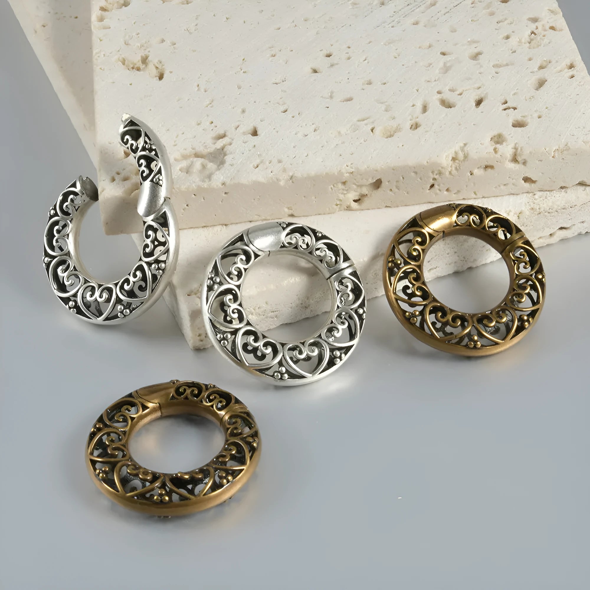 Retro geometric heart and lotus shaped magnetic earrings in antique silver and ancient gold finishes