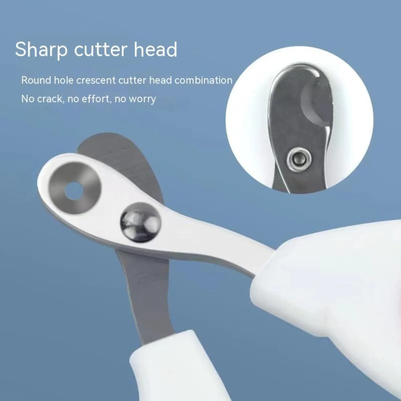 Blue cat nail clippers with circular cut hole design and cushioned handle for safe pet nail trimming